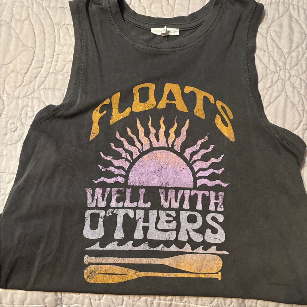 Floats Well With Others Graphic Tank Top with Sun and Text Design
